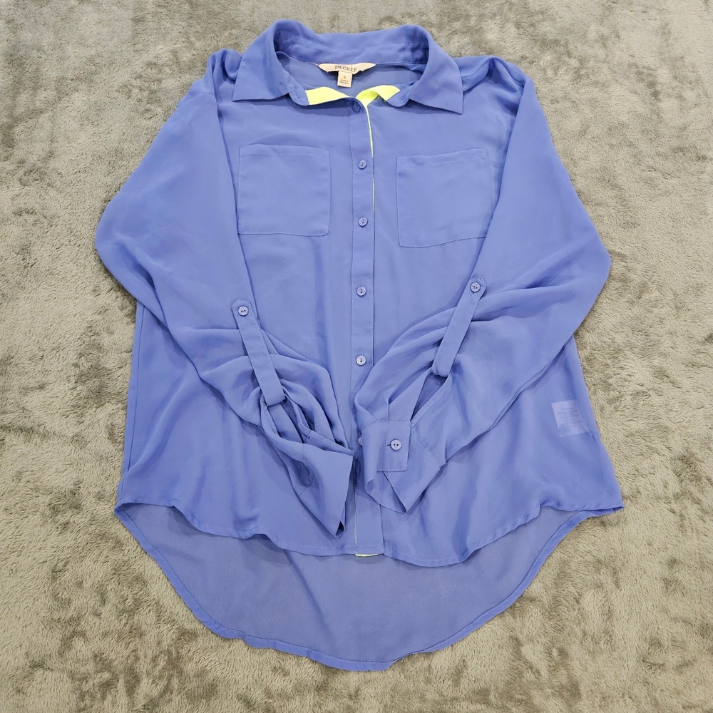Decree Womens Blue Sheer Chiffon Button Down Blouse Neon Trim Size S